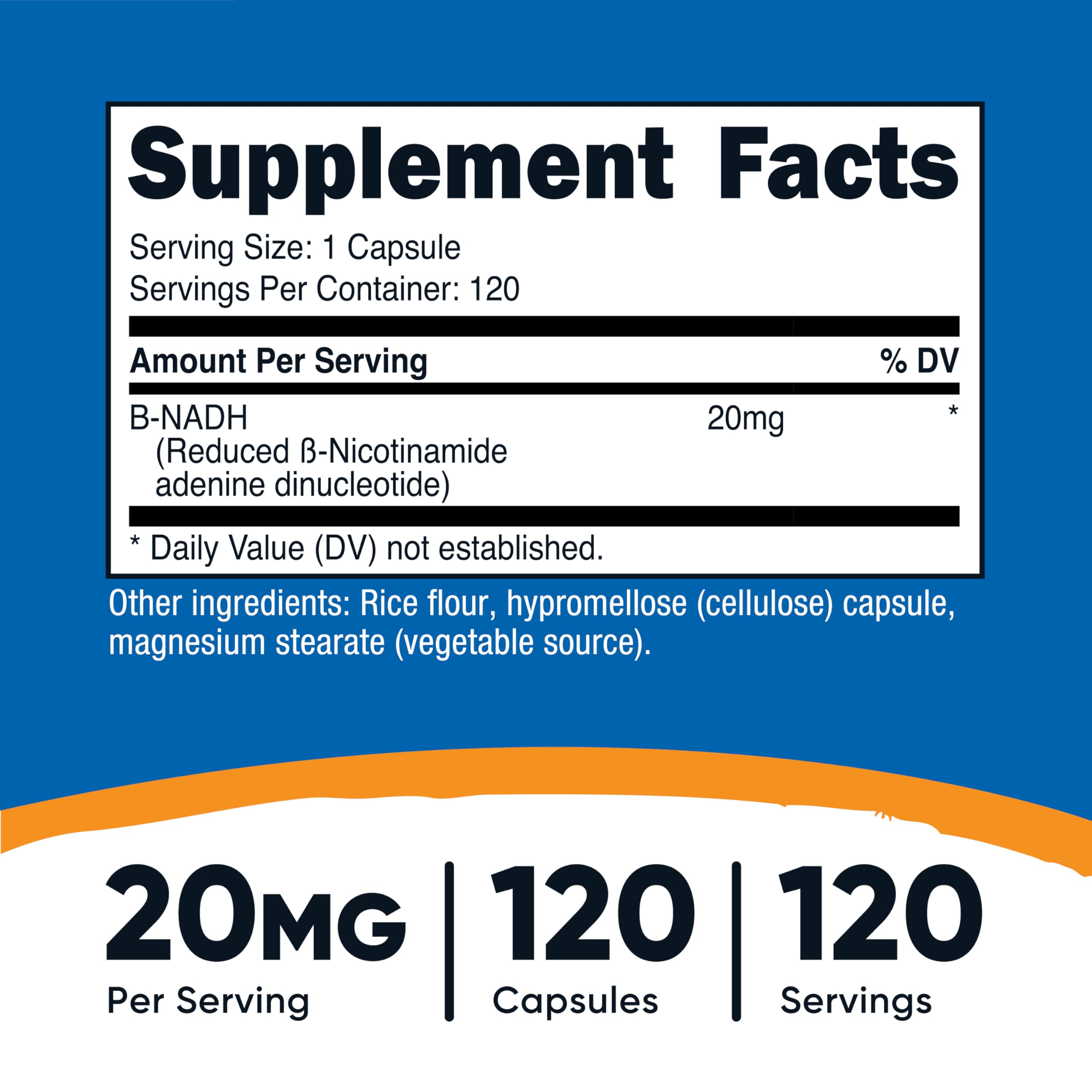 Close-up of NADH supplement bottle label showing 20mg per serving