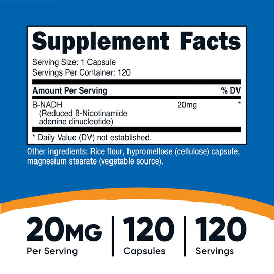 Close-up of NADH supplement bottle label showing 20mg per serving