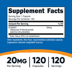 Close-up of NADH supplement bottle label showing 20mg per serving