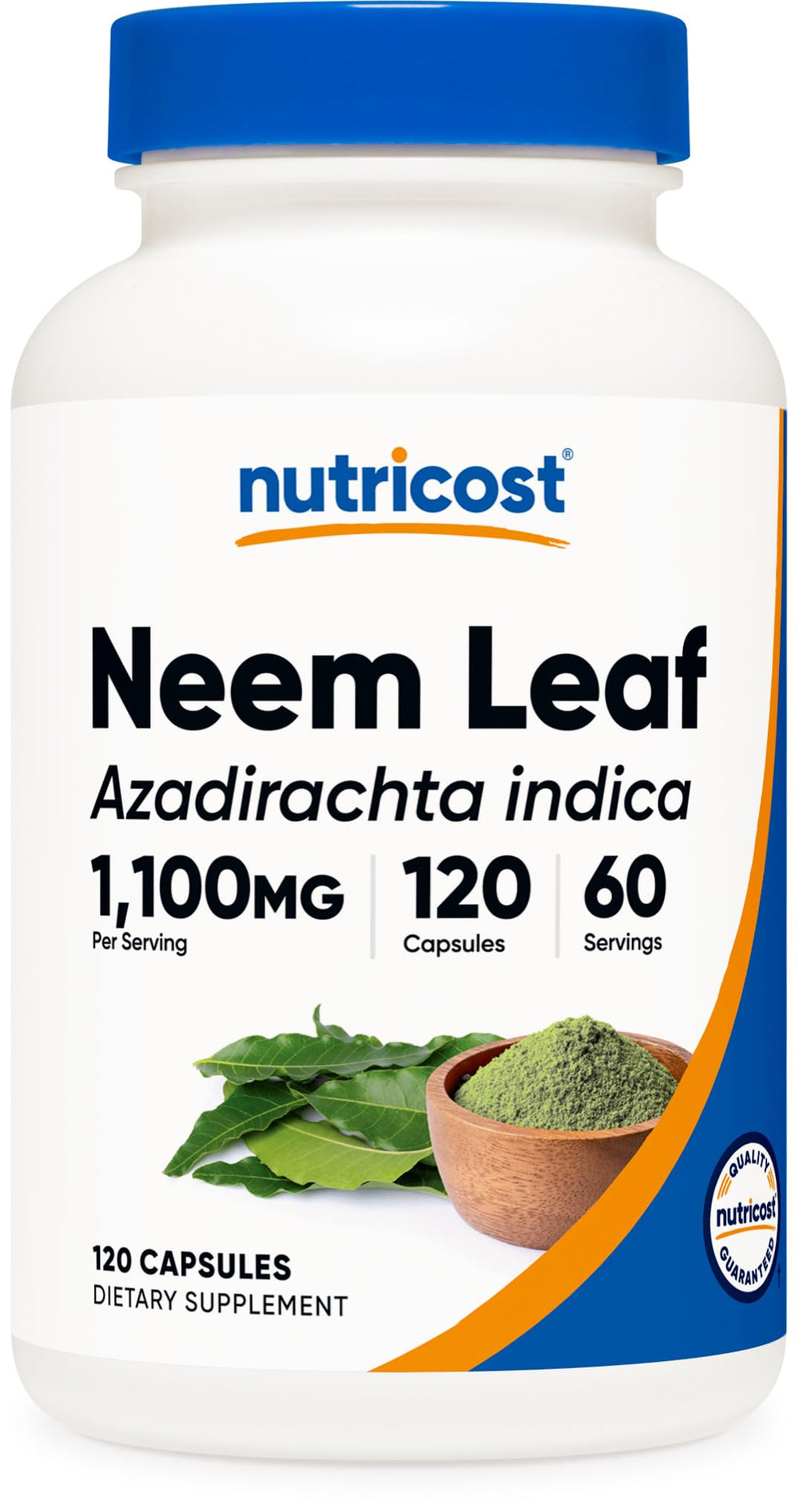 Bottle front view showing 1,100 mg Neem Leaf per serving
