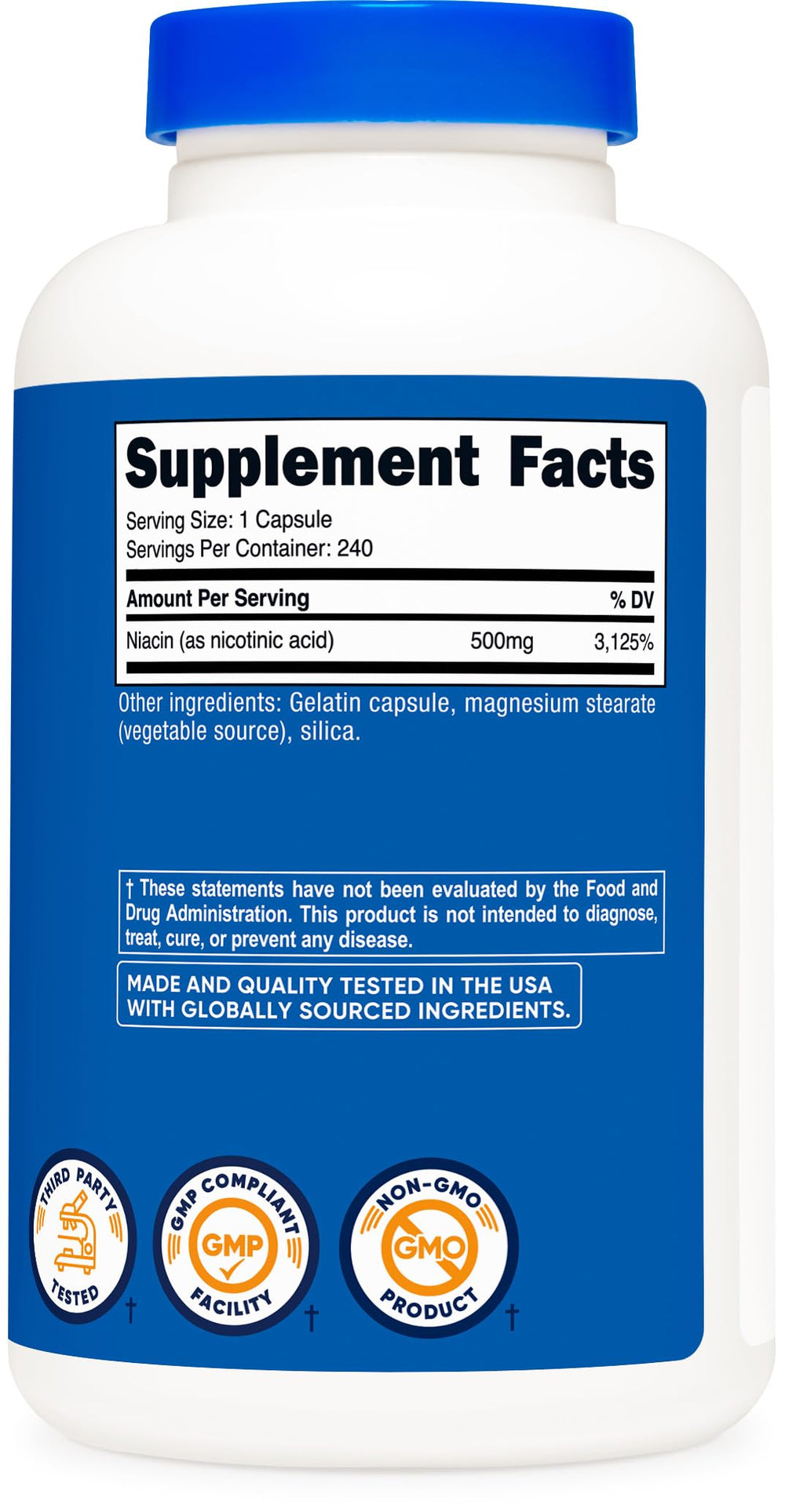 Gluten-free, Non-GMO Niacin supplement packaging