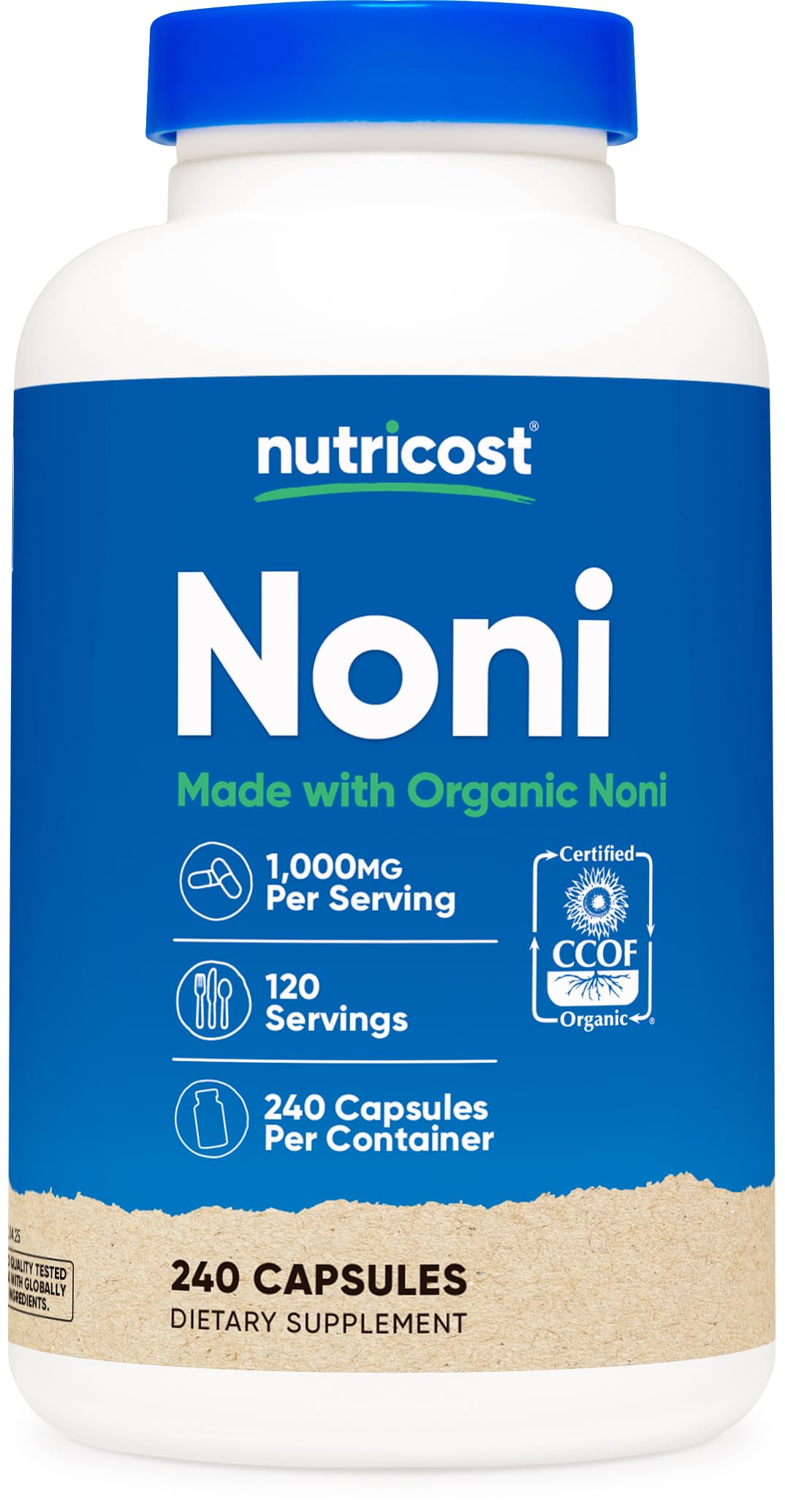 Nutricost Noni Capsules bottle with CCOF Organic Noni certification