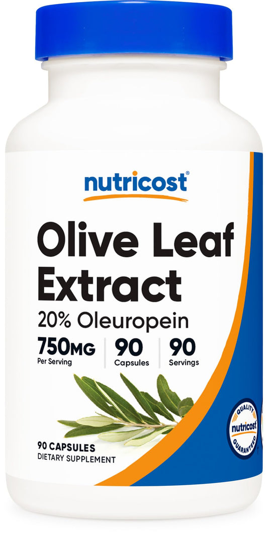 Nutricost Olive Leaf Extract bottle label showing 750 mg and 20% oleuropein
