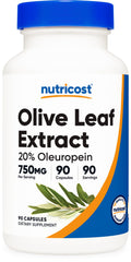 Nutricost Olive Leaf Extract bottle displaying 750 mg per capsule and 20% Oleuropein