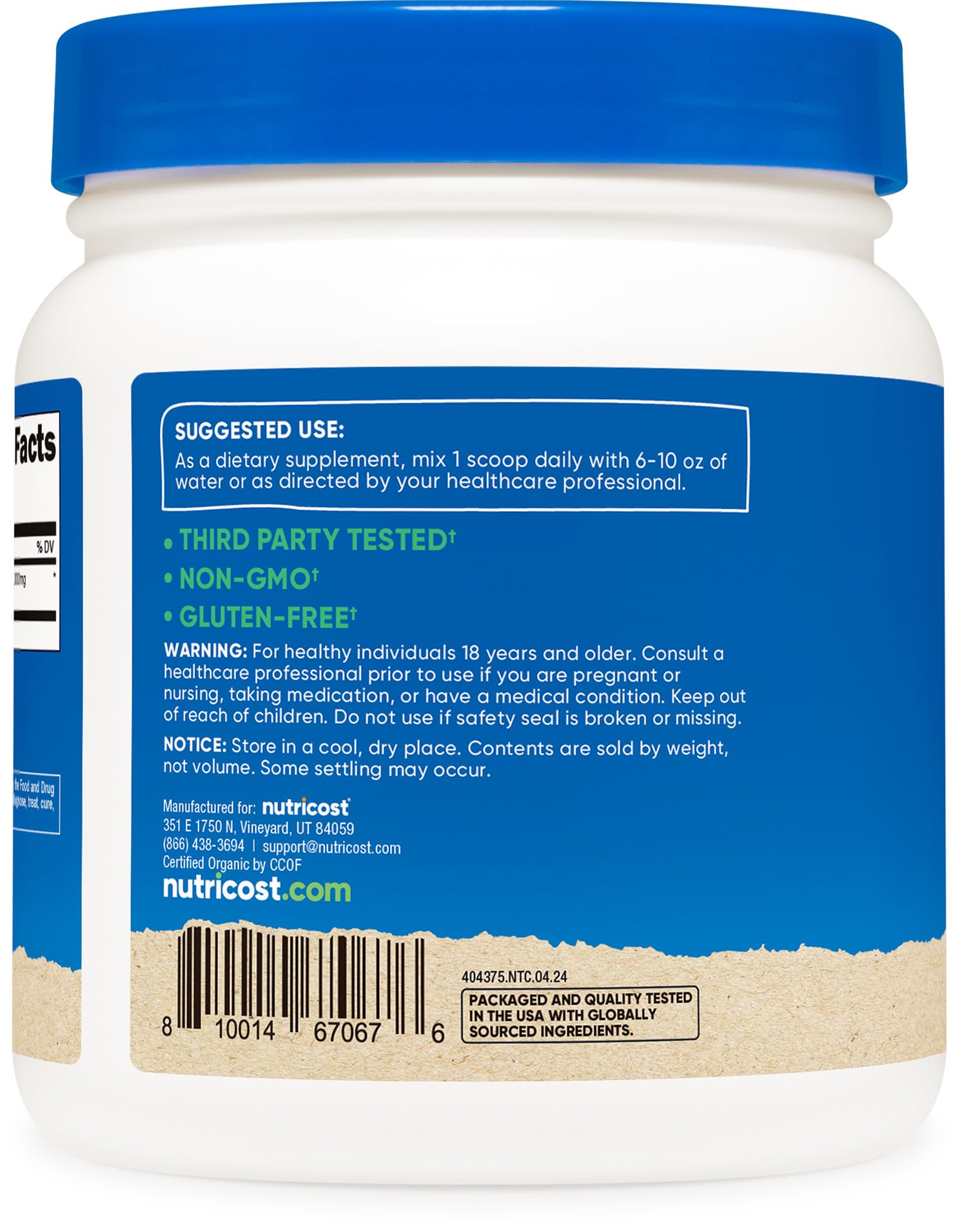 Gluten free, Non-GMO, vegetarian-friendly Nutricost Astragalus powder label