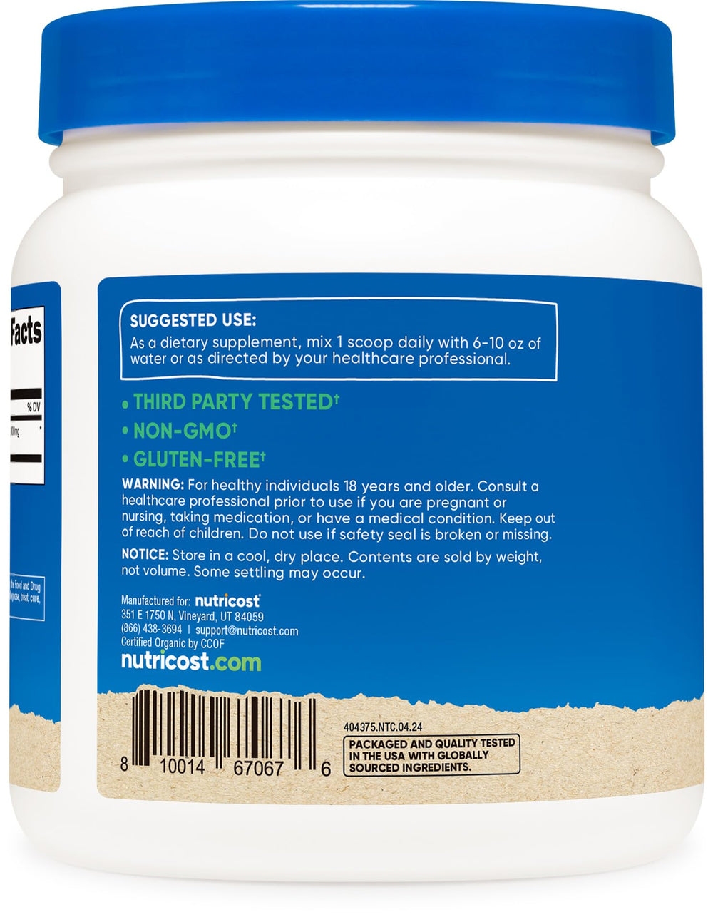 Gluten free, Non-GMO, vegetarian-friendly Nutricost Astragalus powder label