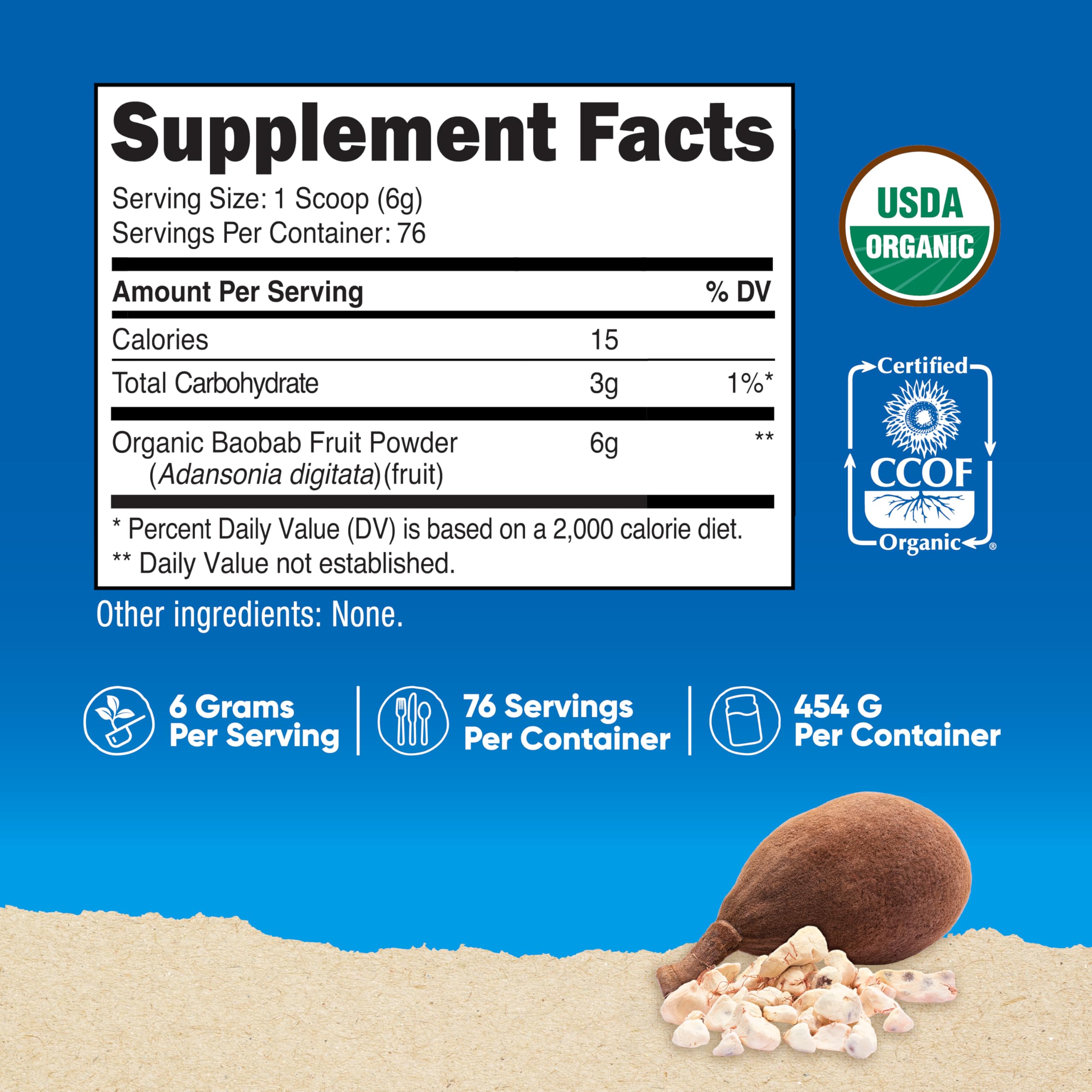 Back label of Nutricost Organic Baobab Fruit Powder Unflavored 1lb