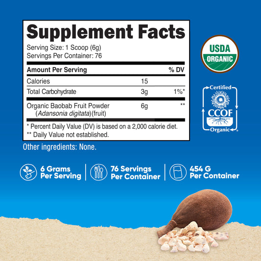 Back label of Nutricost Organic Baobab Fruit Powder Unflavored 1lb