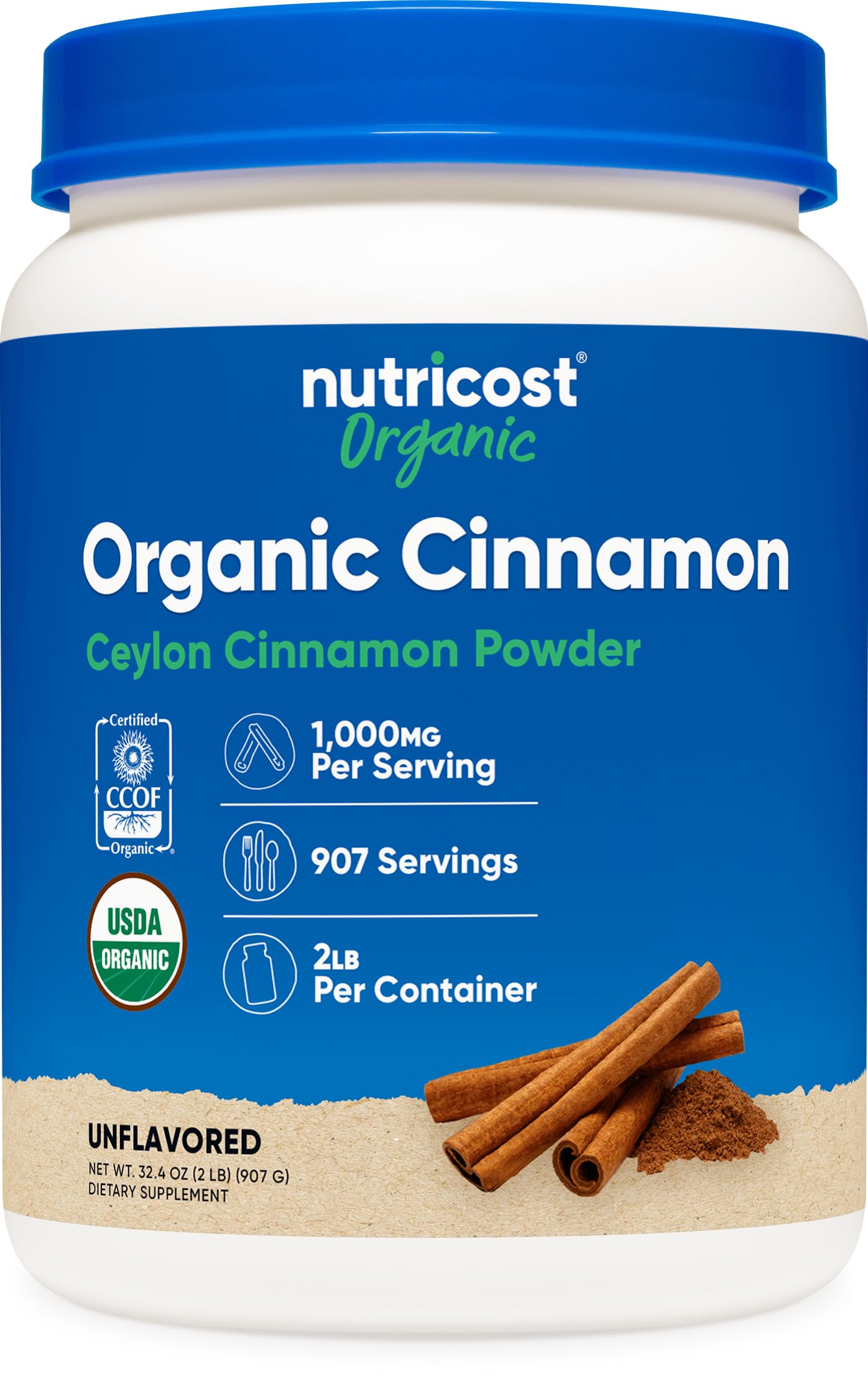 Front view of Nutricost Organic Ceylon Cinnamon Powder 2 lb jar
