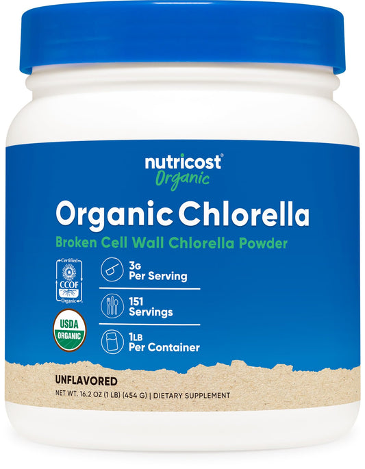 Front view of Nutricost Organic Chlorella Powder 16oz container