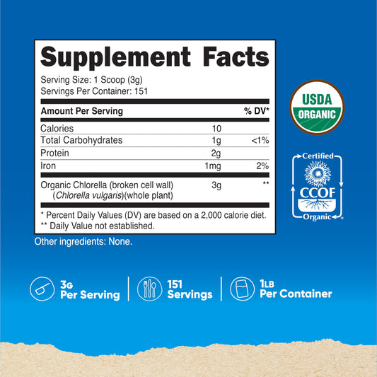 Label on Nutricost Organic Chlorella Powder highlighting ingredients and certifications