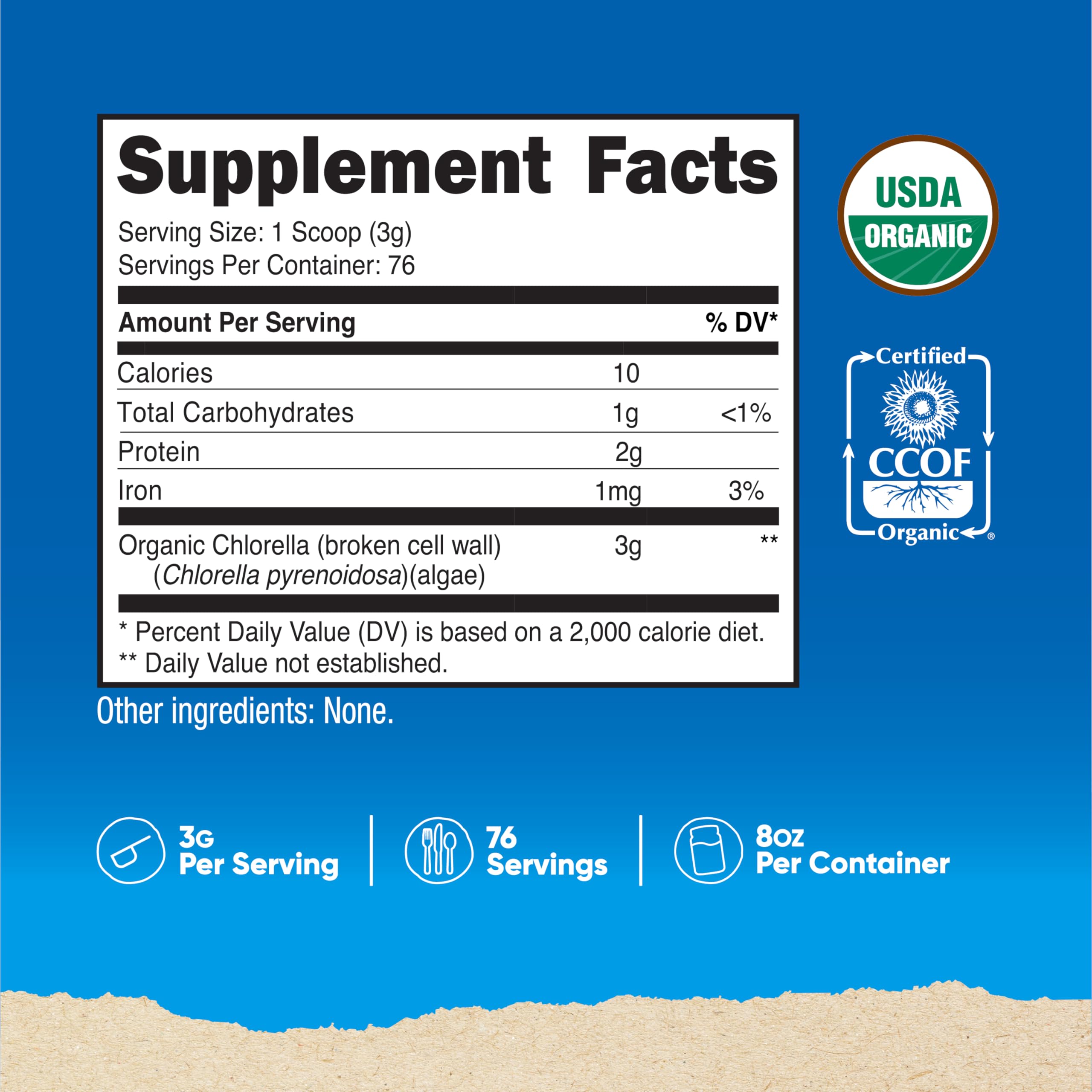 Label of Nutricost Organic Chlorella Powder 8oz showing non-GMO and gluten-free