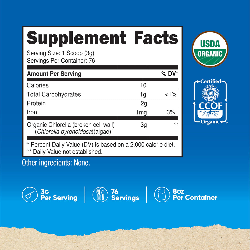 Label of Nutricost Organic Chlorella Powder 8oz showing non-GMO and gluten-free