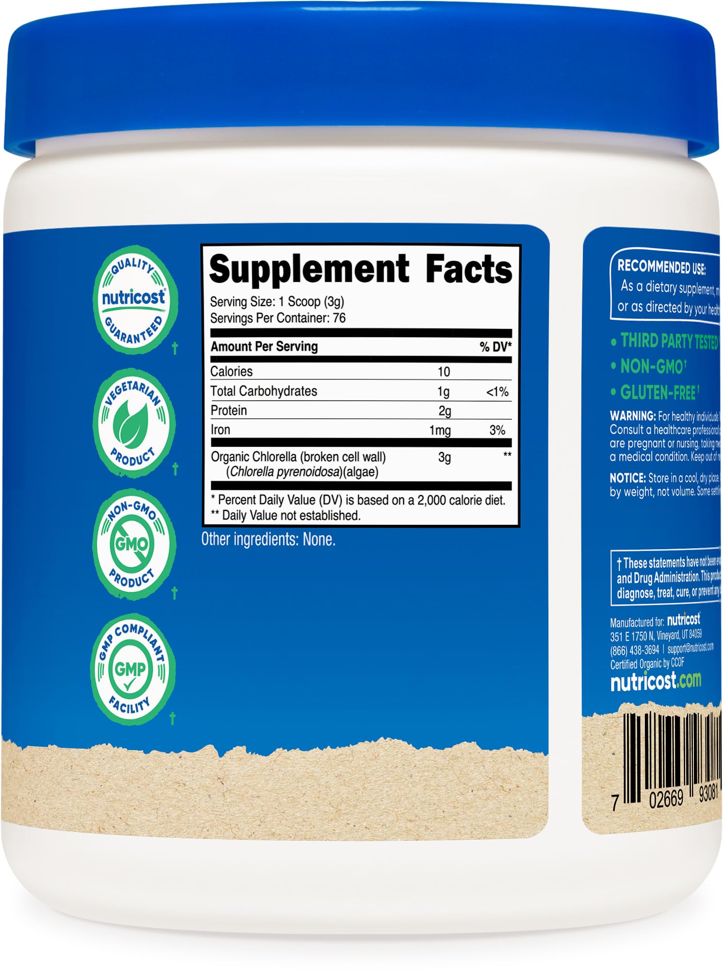 8oz bottle of Nutricost Organic Chlorella Powder on a white background