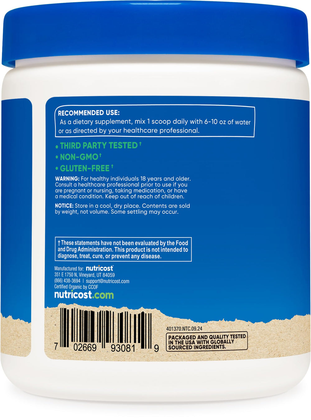 Scoop included for a 3g serving of Nutricost Organic Chlorella Powder