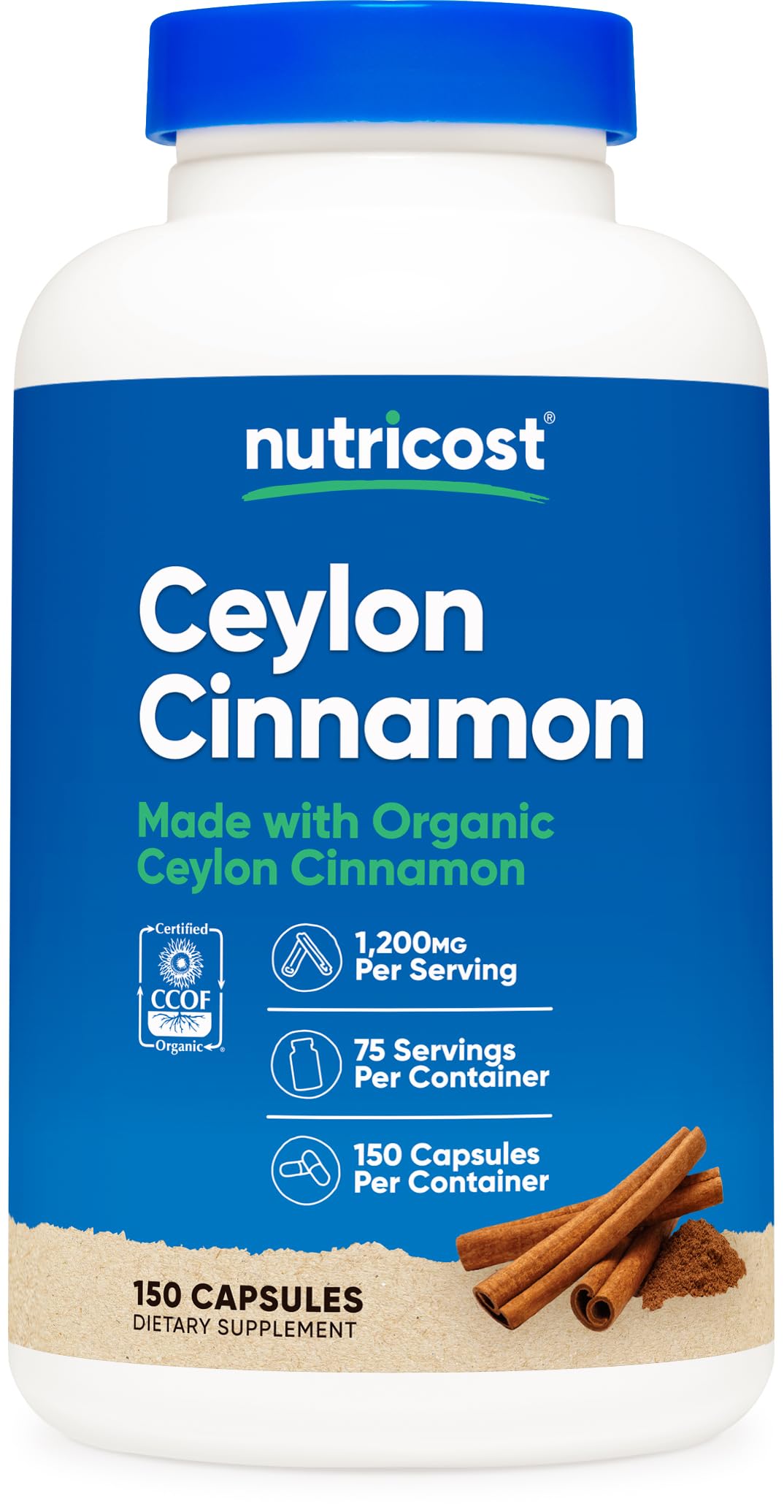 Bottle of Nutricost Organic Cinnamon (Ceylon) 1200mg, 150 capsules