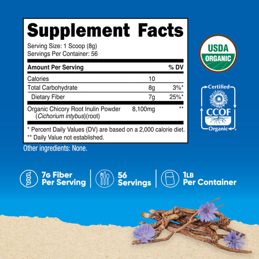 Nutrition label and USDA Organic seal on Nutricost Inulin Powder bottle