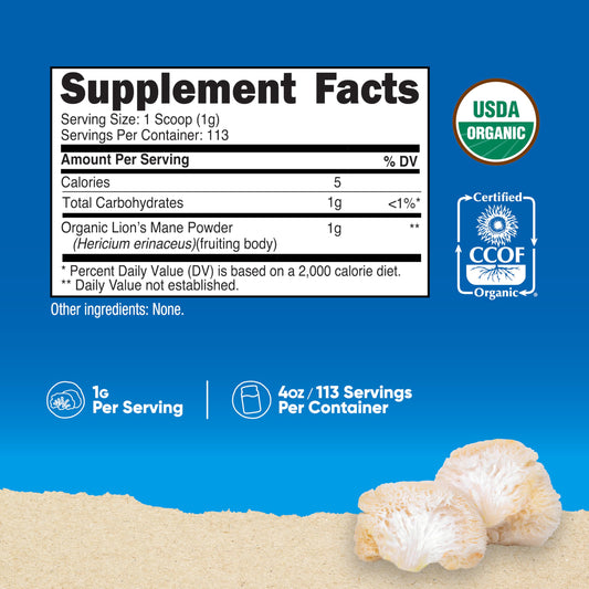 Nutricost Organic Lion's Mane Mushroom Powder 4oz bottle side view