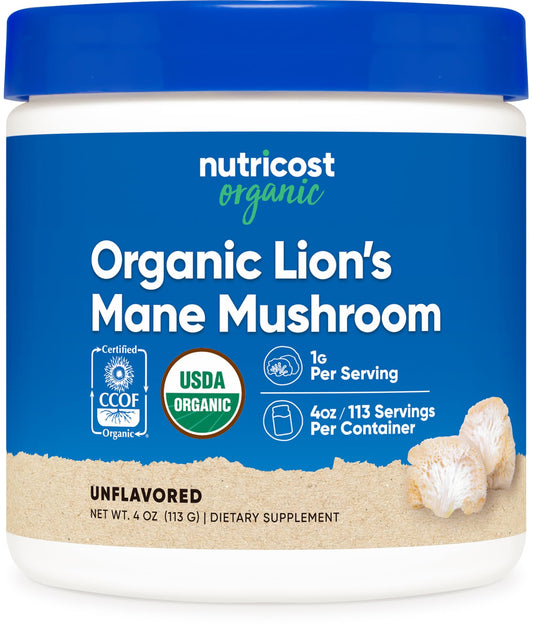 Nutricost Organic Lion's Mane Mushroom Powder 4oz front view