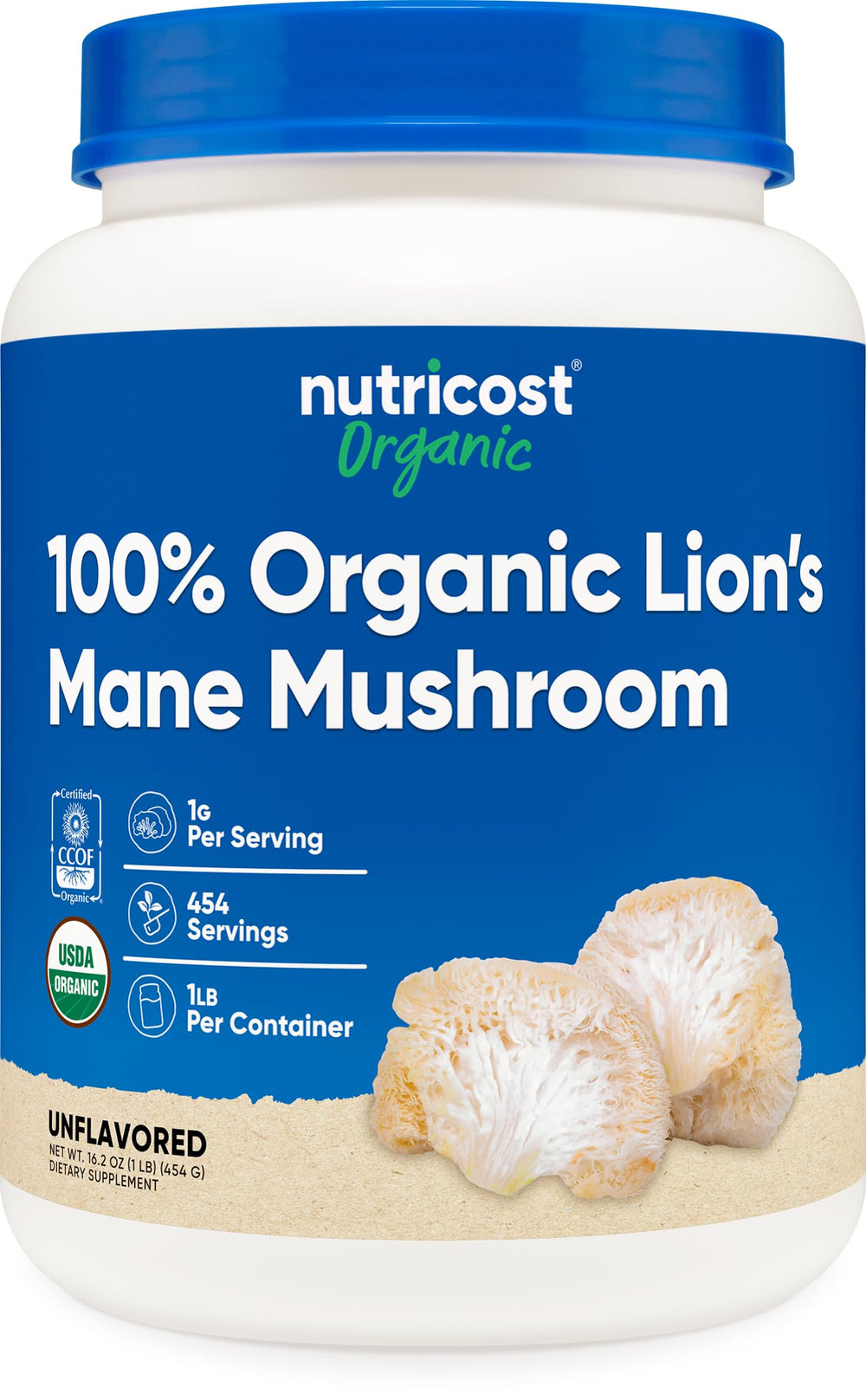 Front view of Nutricost Organic Lion's Mane Powder 1lb label
