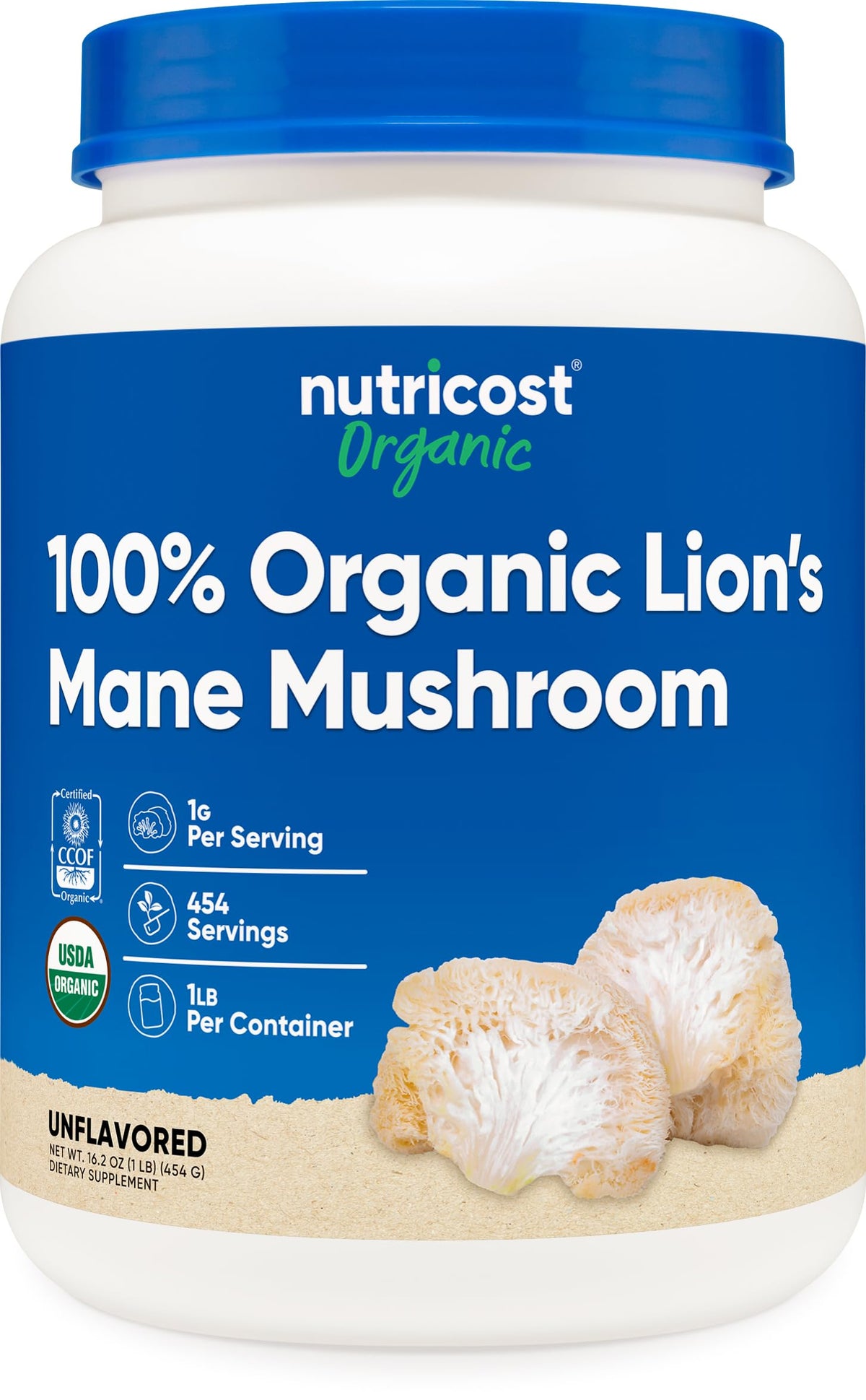 Front view of Nutricost Organic Lion's Mane Powder 1lb label