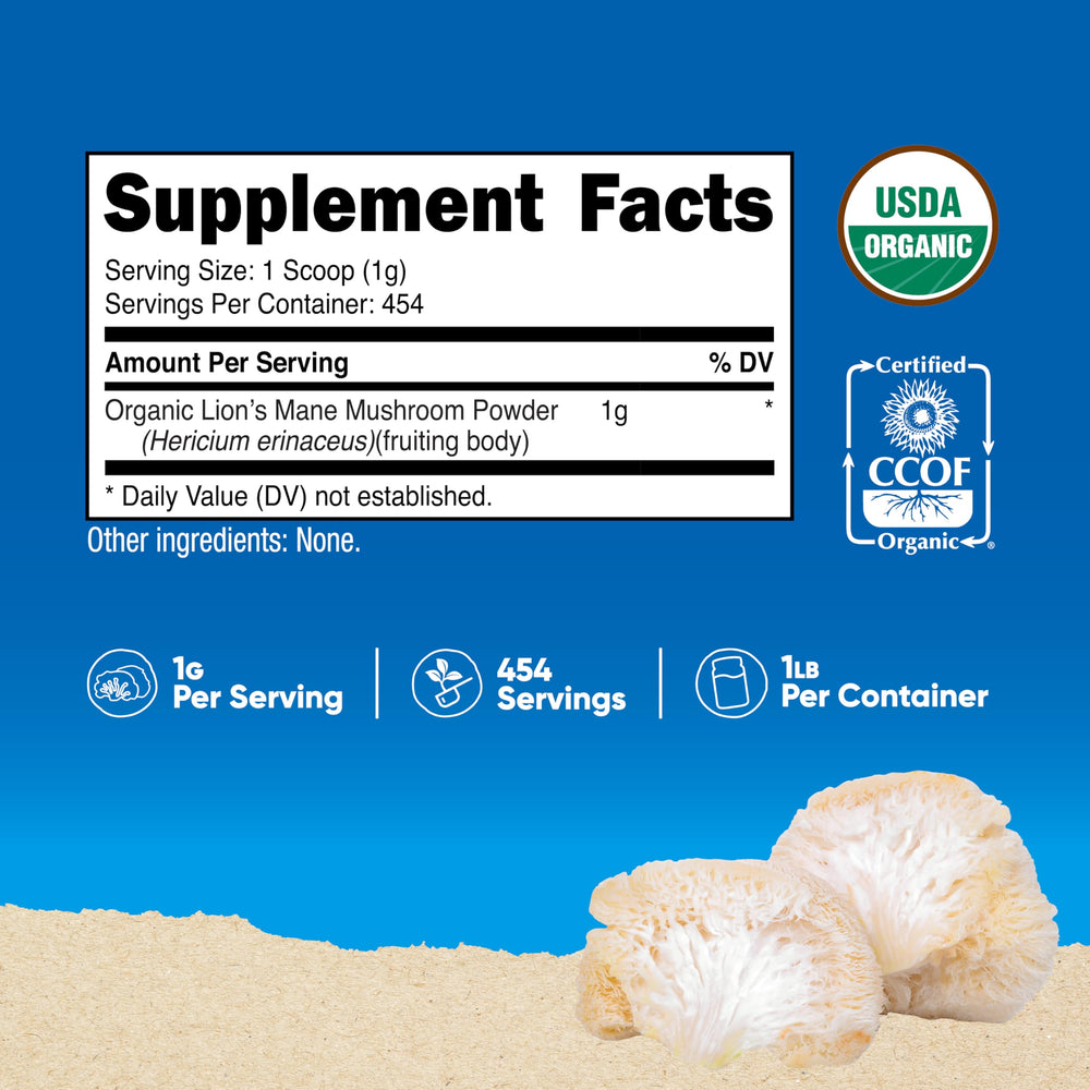Bottle image showing Nutricost Organic Lion's Mane Powder label