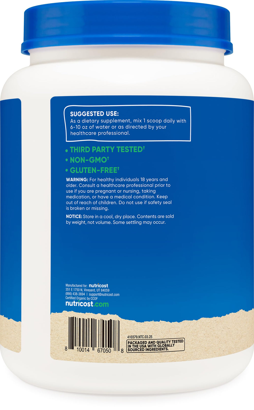 Ingredients panel for Nutricost Organic Lion's Mane Powder