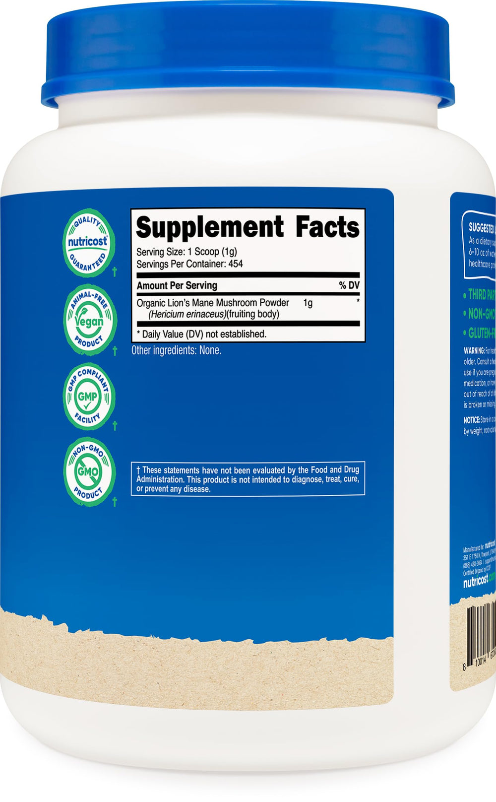 Nutricost Lions Mane studio shot accents premium supplement aesthetic.