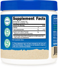 Third-party testing certificate and GMP/FDA facility icons for Nutricost Lion's Mane Powder