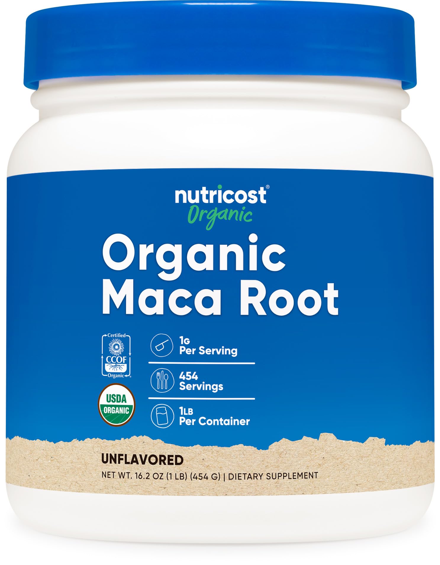 Front view of Nutricost Organic Maca Root Powder 1 lb bottle