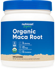 Front view of Nutricost Organic Maca Root Powder 1 lb bottle