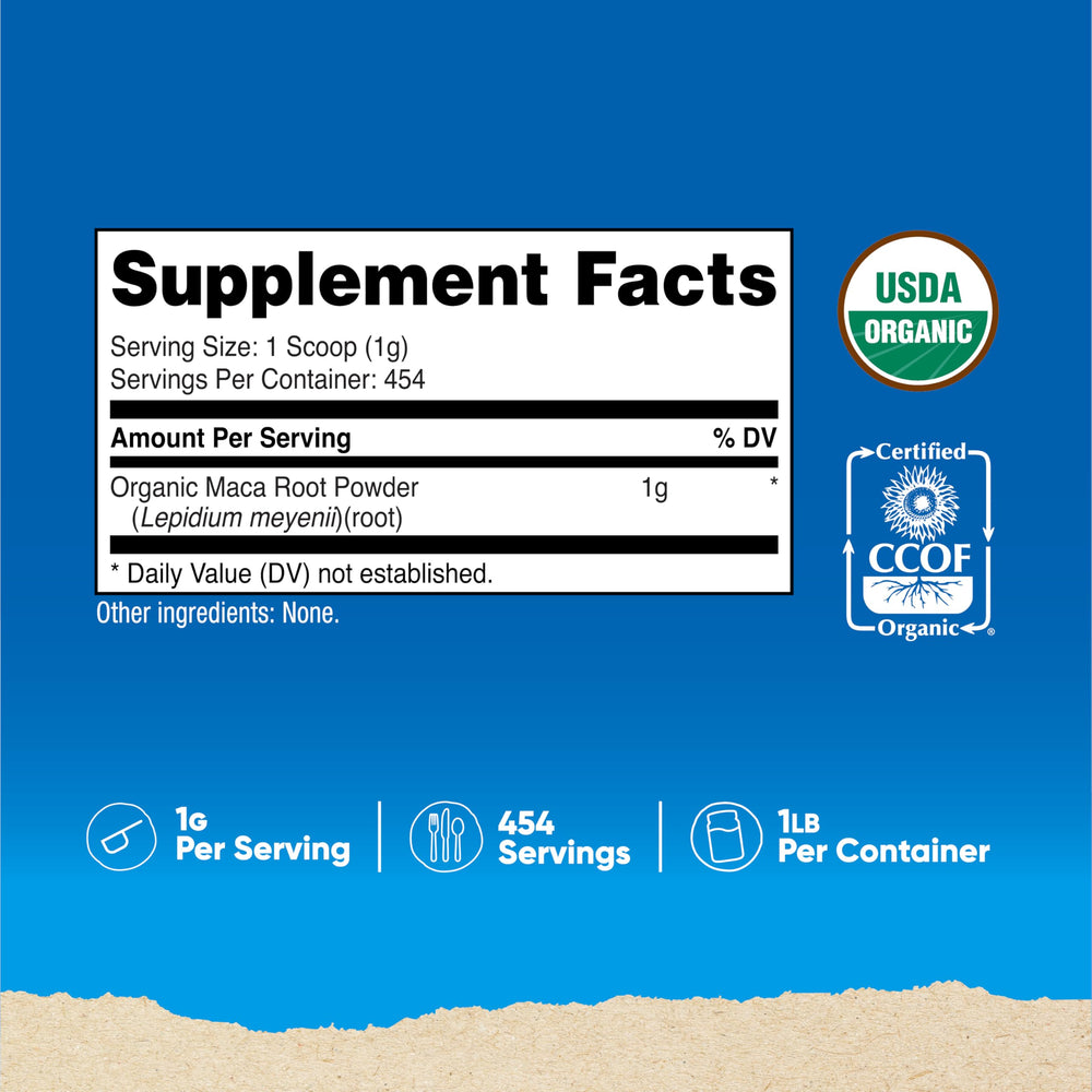 Label showing ingredients for Organic Maca Root Powder