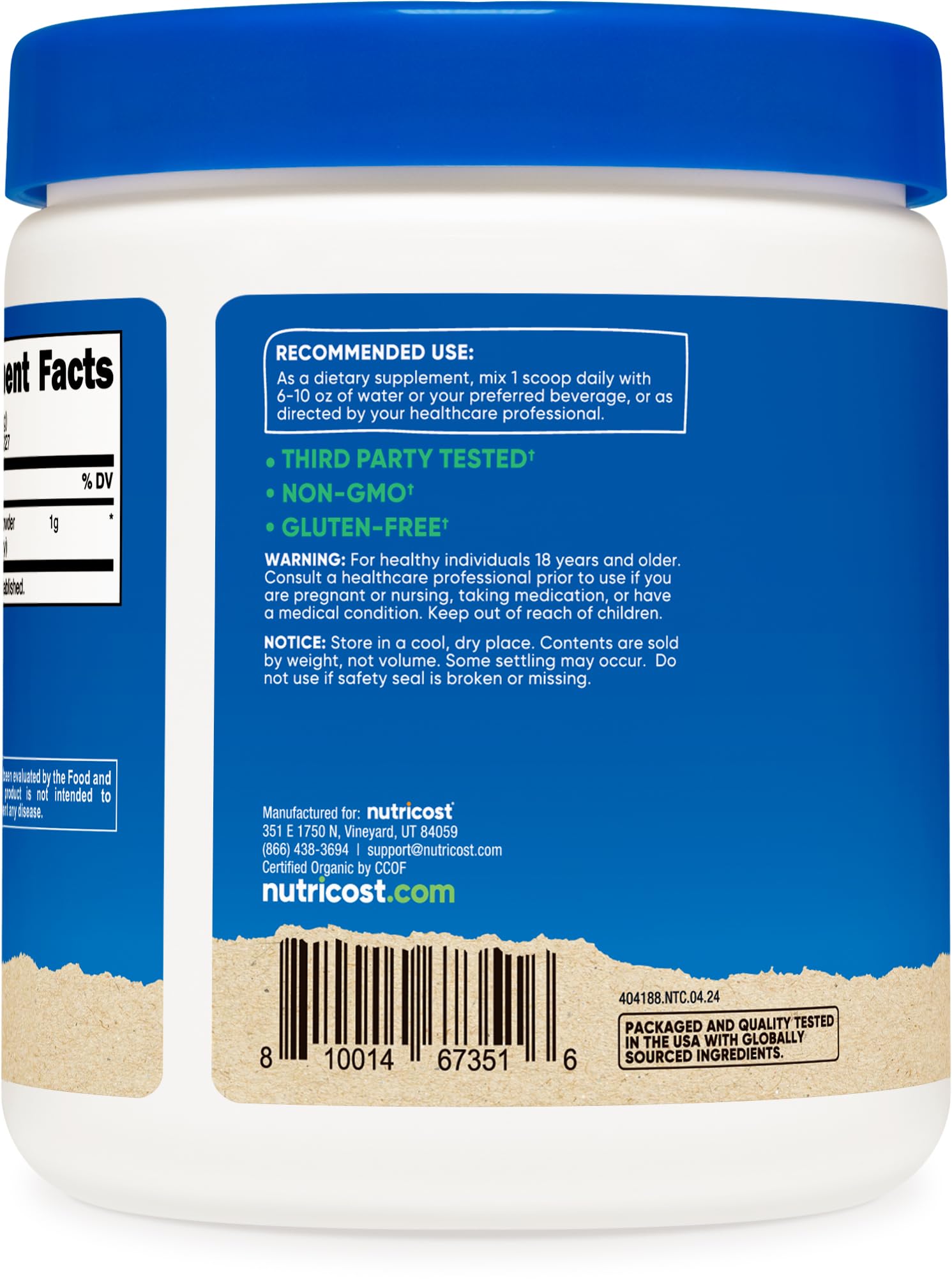 Gluten free and vegetarian friendly Nutricost Saw Palmetto Powder packaging