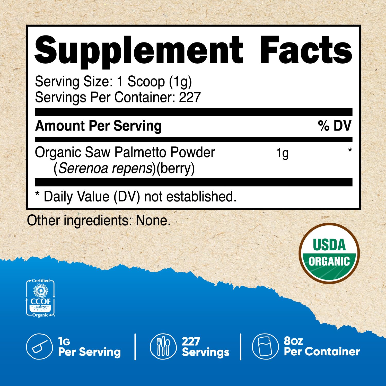 CCOF USDA Organic certification label on Nutricost Saw Palmetto Powder