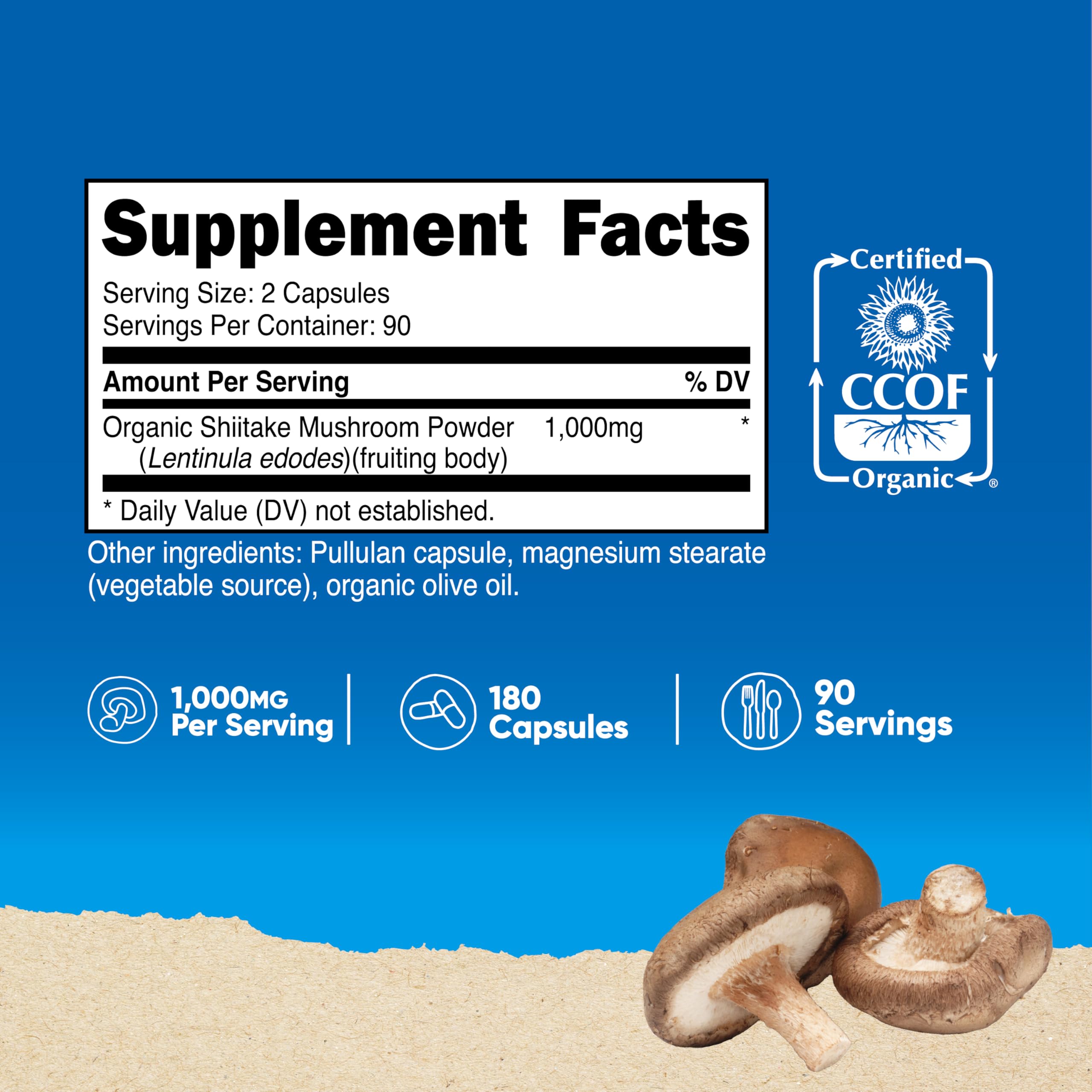 Bottle of Nutricost Organic Shiitake Mushroom Capsules showing 180 vegetarian capsules