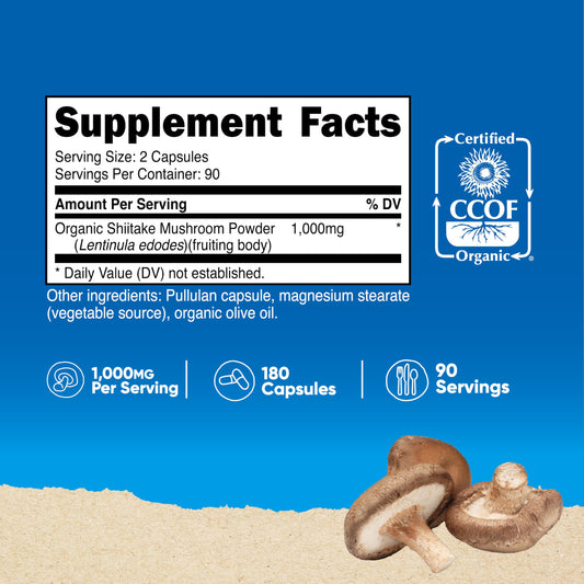 Bottle of Nutricost Organic Shiitake Mushroom Capsules showing 180 vegetarian capsules
