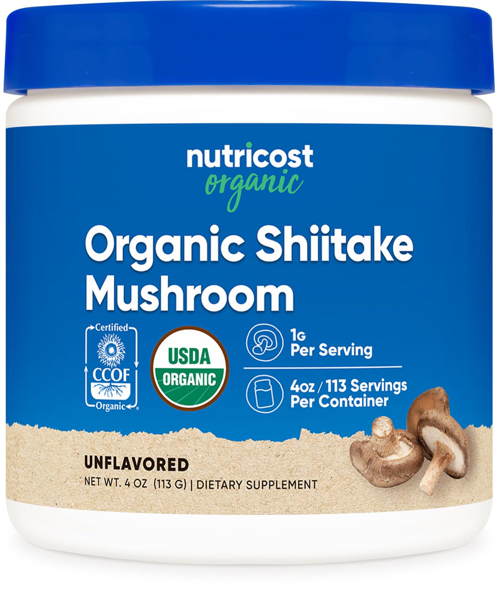 Front view of Nutricost Organic Shiitake Mushroom Powder 4 oz bottle
