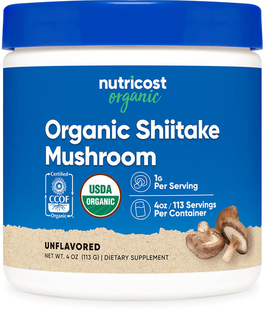 Front view of Nutricost Organic Shiitake Mushroom Powder 4 oz bottle