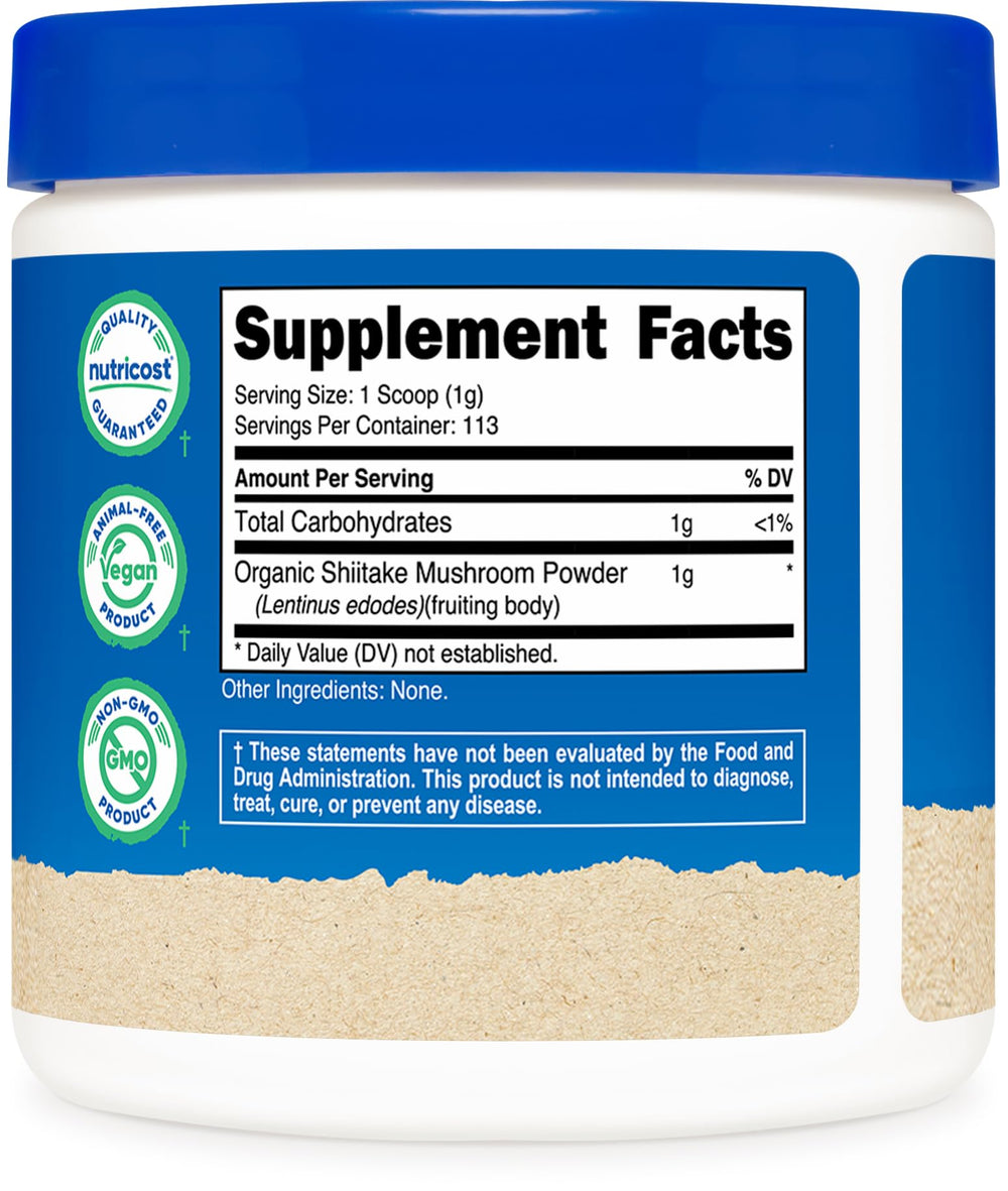 GMP facility and ISO testing badges for Nutricost Shiitake Powder made in USA