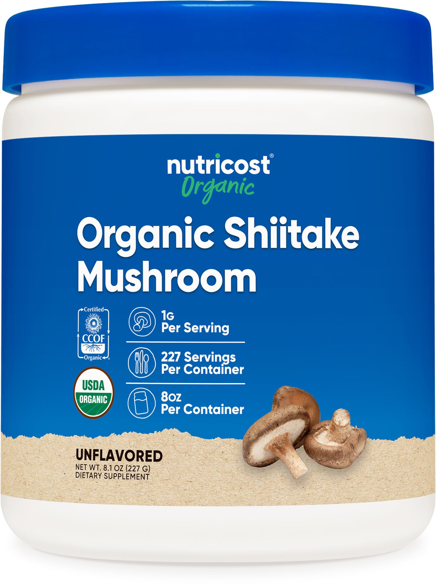 Front view of Nutricost Organic Shiitake Mushroom Powder 8oz bottle