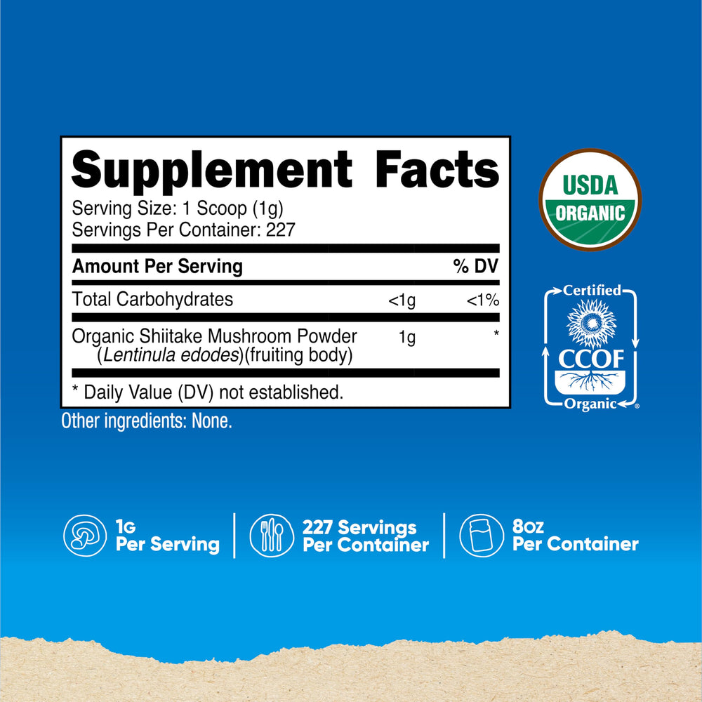 Ingredients and organic certification logos on Nutricost Shiitake powder label