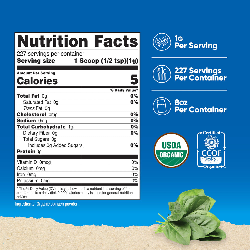 Nutricost Spinach Powder bottle nutrition facts label