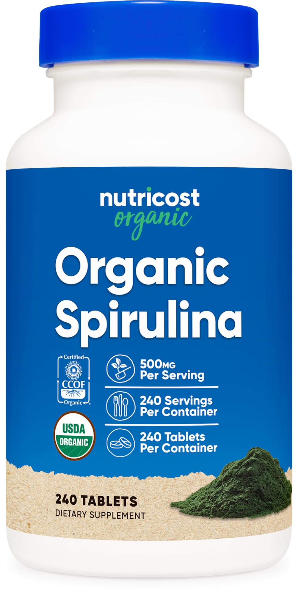 Nutricost Organic Spirulina 500mg bottle with 240 tablets