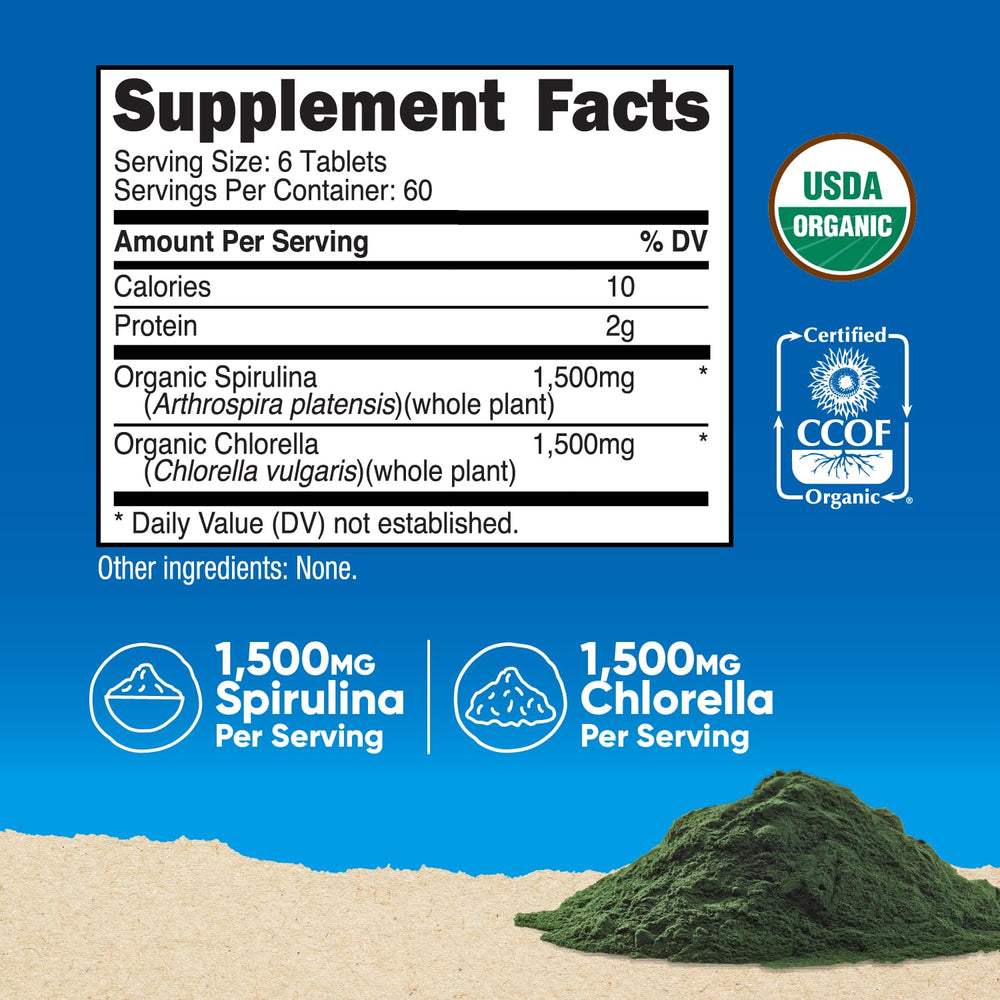 Bottle of Nutricost Organic Spirulina + Chlorella with 360 tablets