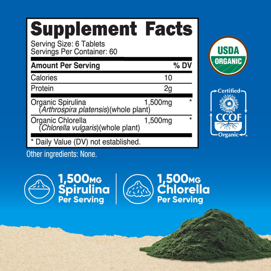 Bottle of Nutricost Organic Spirulina + Chlorella with 360 tablets