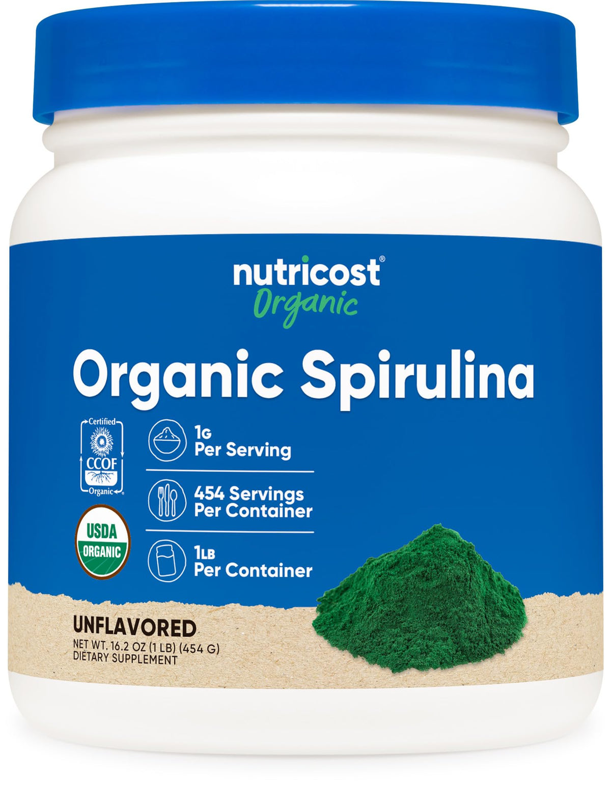 Front view of Nutricost Organic Spirulina Powder 454g bottle