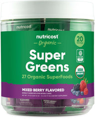 Nutricost Organic Super Greens Mixed Berry flavor – 20 stickpacks box