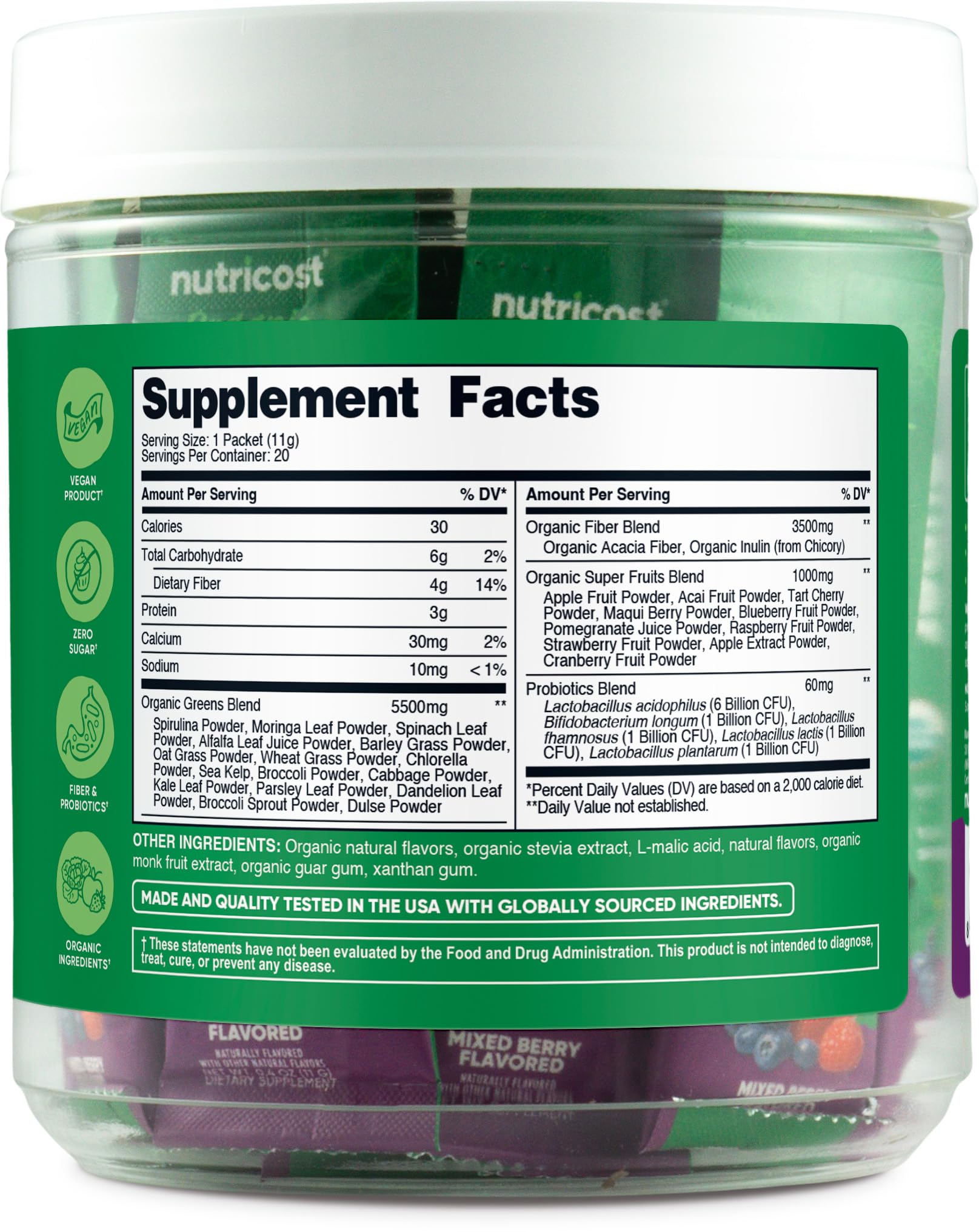 Gluten-free, vegan, USDA Organic badges for Nutricost Super Greens