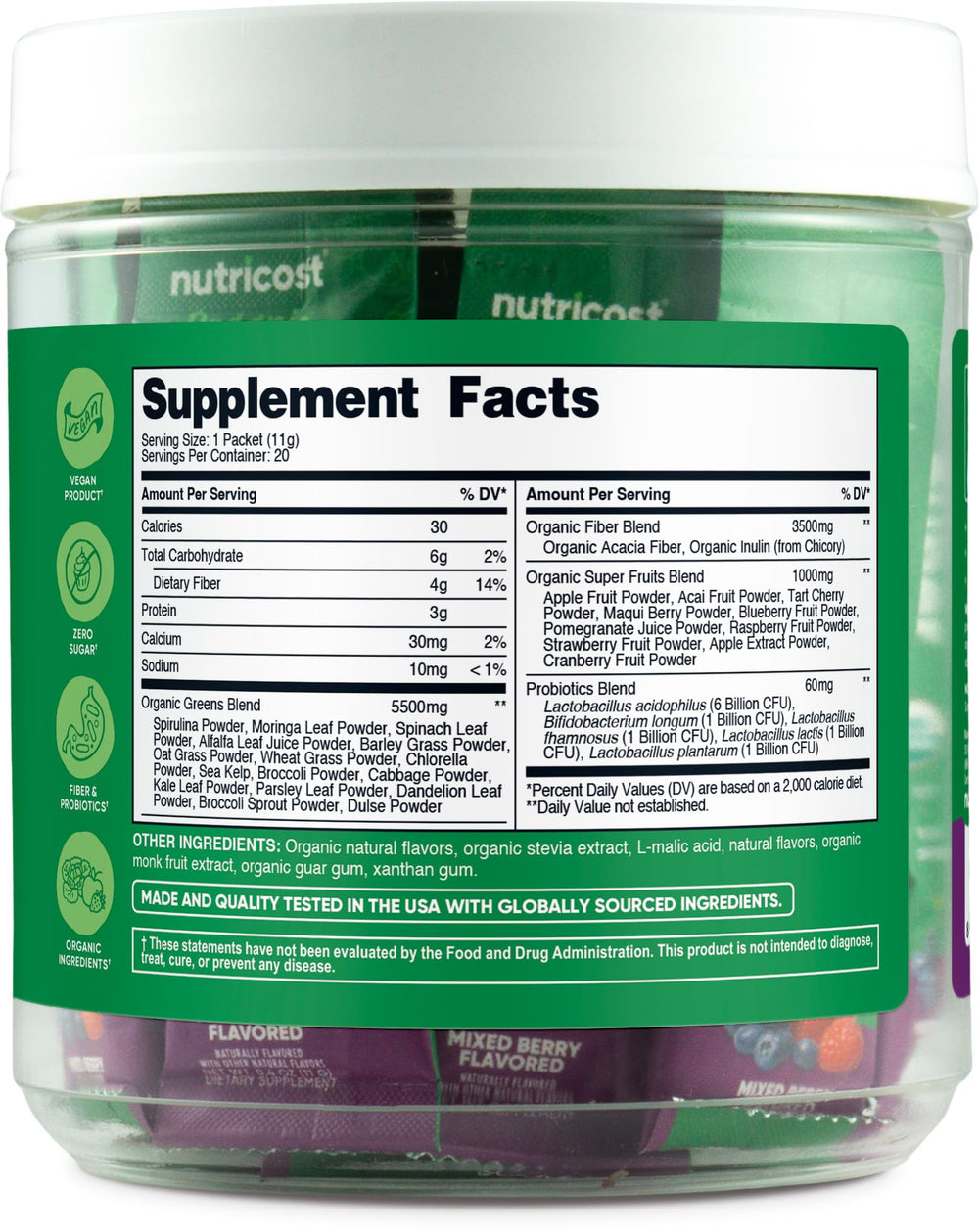 Gluten-free, vegan, USDA Organic badges for Nutricost Super Greens