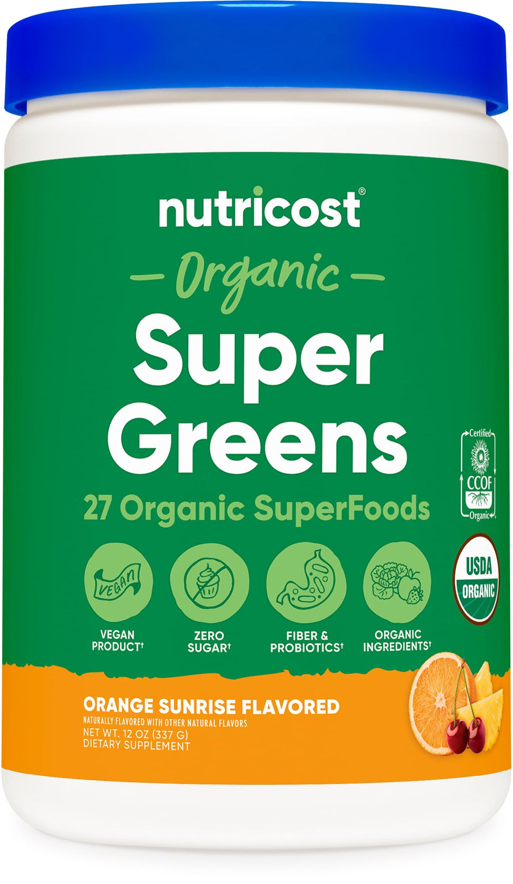Nutricost Organic Super Greens Powder Orange Sunrise canister label